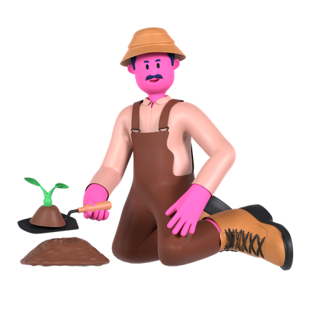 Male farmer planting plant using Trowel  3D Icon
