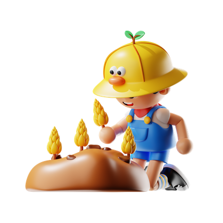 Male Farmer Planting Wheat  3D Icon