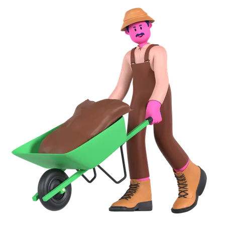 Male farmer pushing Wheelbarrow  3D Illustration