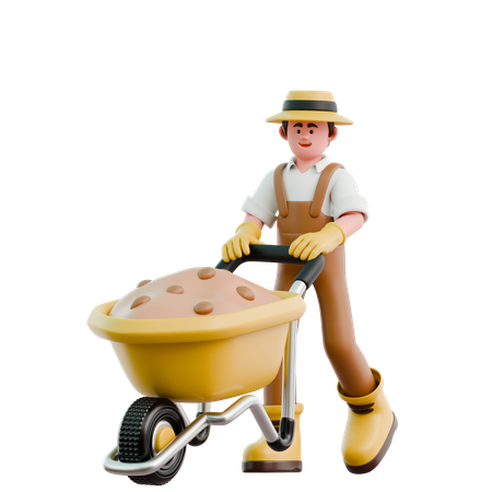 Male farmer pushing wheelbarrow  3D Icon