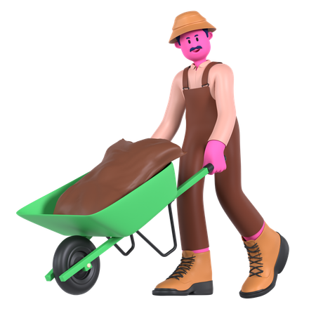 Male farmer pushing Wheelbarrow  3D Illustration