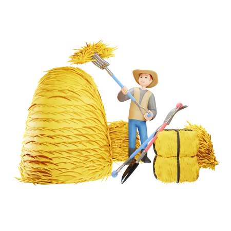 Male Farmer Stacking Haystack  3D Illustration