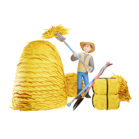 Male Farmer Stacking Haystack  3D Icon