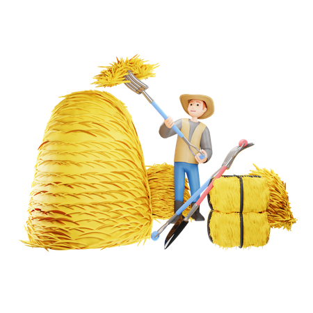 Male Farmer Stacking Haystack  3D Illustration