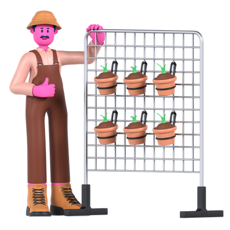 Male farmer standing near Vertical Garden  3D Illustration