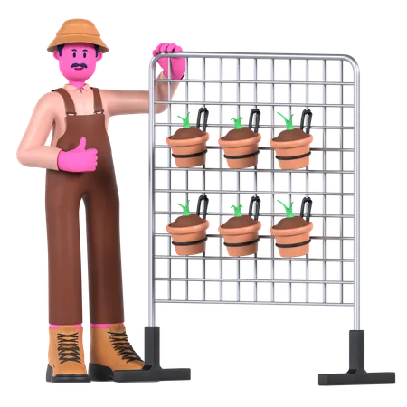 Male farmer standing near Vertical Garden  3D Illustration