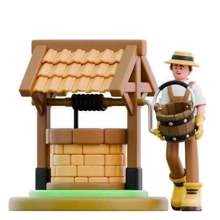男性農夫が井戸から水を汲む  3D Illustration