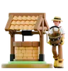 Male farmer take water from well