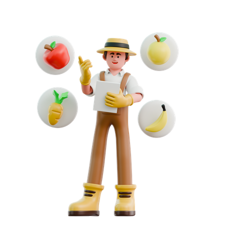 Male farmer think of fruit and vegetables list  3D Illustration