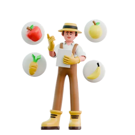 Male farmer think of fruit and vegetables list  3D Illustration
