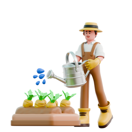 Male farmer watering carrot in farm  3D Illustration