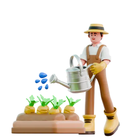 Male farmer watering carrot in farm  3D Illustration