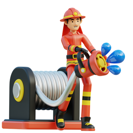 Male firefighter bring Nozzle Hose  3D Illustration