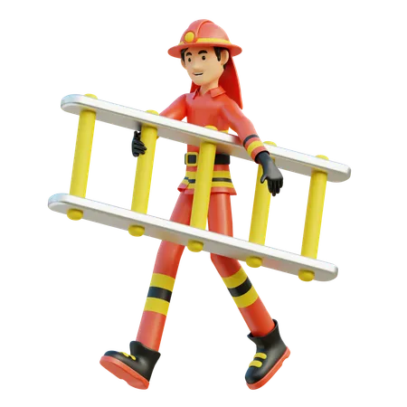 Male firefighter carrying ladder  3D Illustration