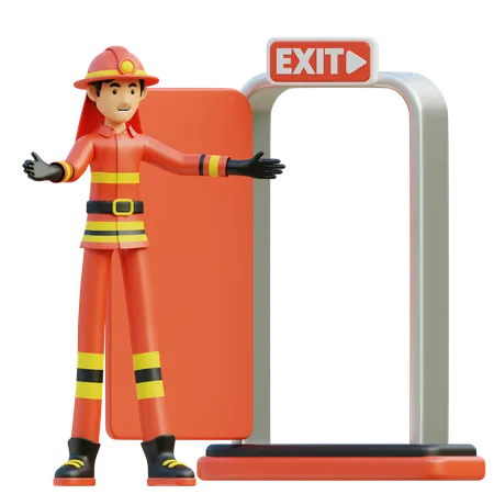 男性消防士が出口を指示  3D Illustration