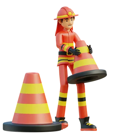 Male firefighter moves the cone  3D Illustration