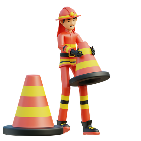 Male firefighter moves the cone  3D Icon