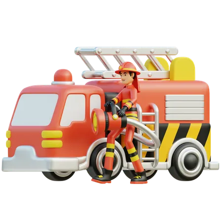 Male firefighter with car  3D Illustration