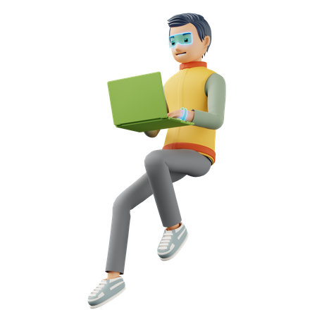 Male flying and typing on the laptop 3D Illustration
