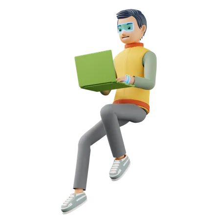 Male flying and typing on the laptop  3D Illustration