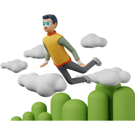 Male flying on the clouds in virtual world  3D Illustration