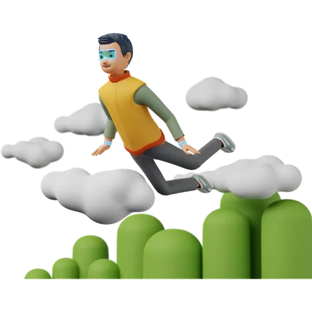 Male flying on the clouds in virtual world  3D Illustration