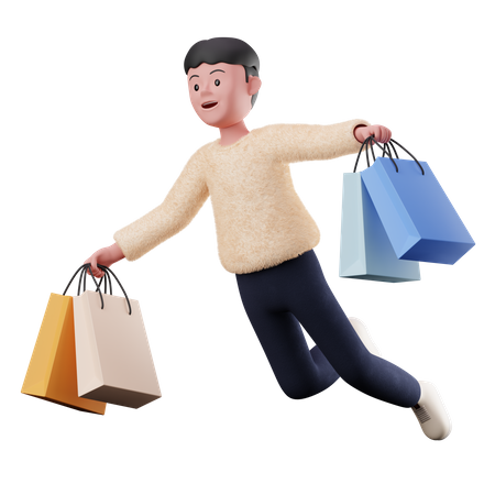 Male Flying With Shopping Bags  3D Illustration