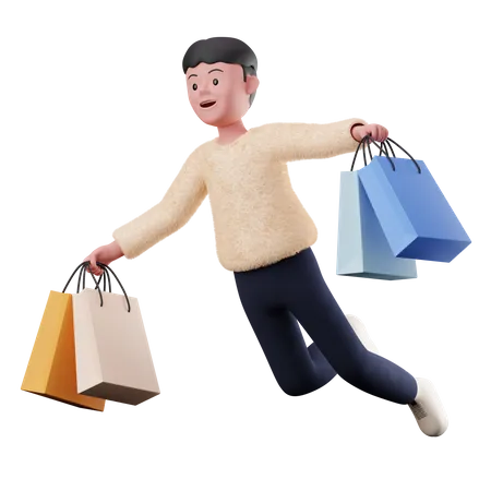 Male Flying With Shopping Bags  3D Illustration