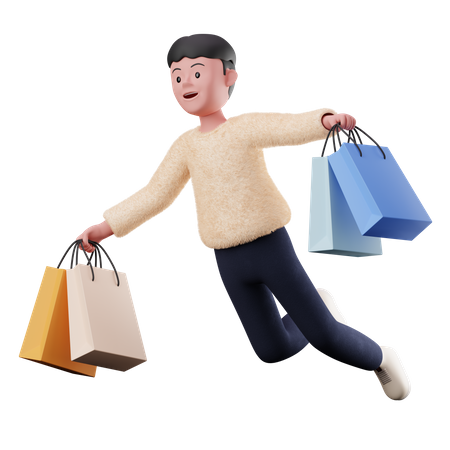 Male Flying With Shopping Bags 3D Illustration