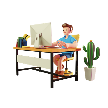 Male freelancer working on computer 3D Illustration
