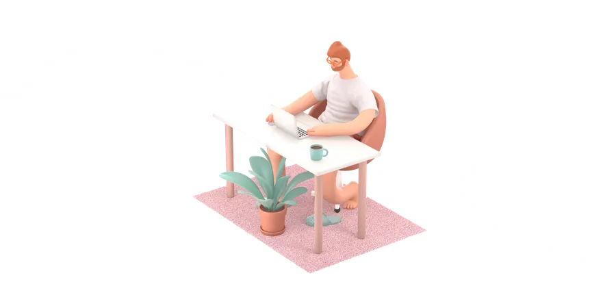 Male freelancer working on desk 3D Illustration