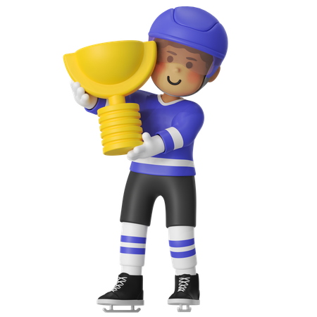 Male Hockey Player Holding Hockey Trophy  3D Illustration