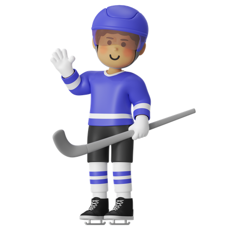 Male Hockey Player Holding Hockey With Greeting  3D Icon