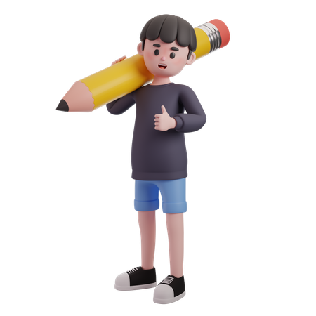 Male Holding Big Pencil  3D Illustration