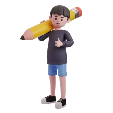 Male Holding Big Pencil  3D Illustration