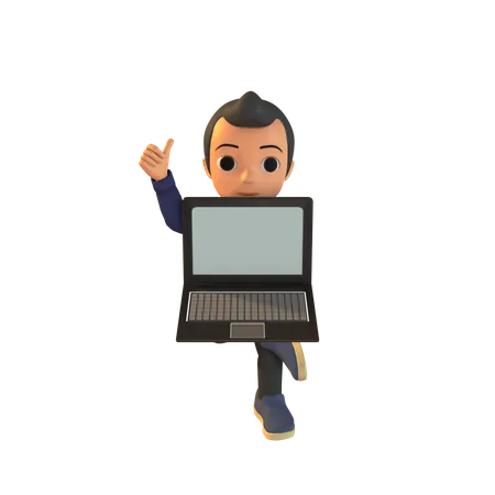 Male Holding Laptop And Showing Thumbs Up  3D Illustration