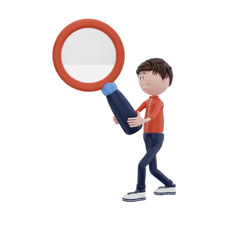 Male holding magnifying glass searching content  3D Illustration