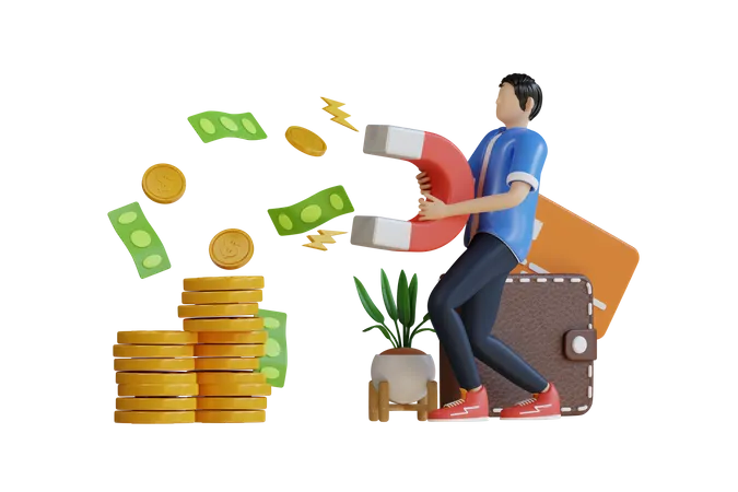 Male investor Attracts Money Magnetically  3D Illustration