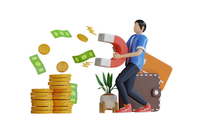 Male investor Attracts Money Magnetically  3D Illustration