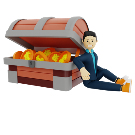 Male Investor sitting beside treasure box  3D Illustration