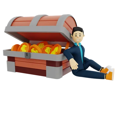 Male Investor sitting beside treasure box  3D Illustration