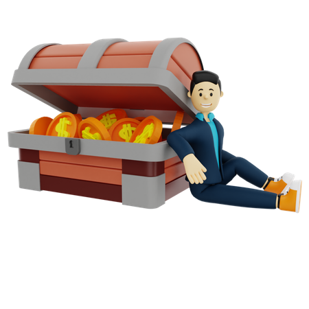 Male Investor sitting beside treasure box 3D Illustration