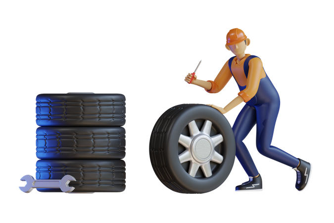 Mécanicien masculin réparant le pneu  3D Illustration