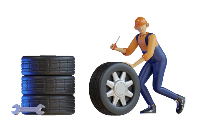 Mécanicien masculin réparant le pneu  3D Illustration