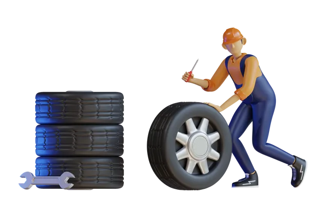 Male mechanic repairing tire  3D Illustration