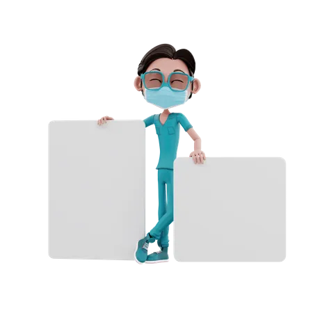 Male Nurse standing behind blank board  3D Illustration