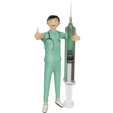 Male nurse with injection and showing thumb up  3D Illustration
