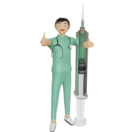 Male nurse with injection and showing thumb up  3D Illustration