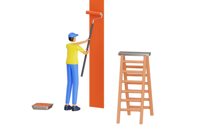 Male Painter Painting Wall  3D Illustration