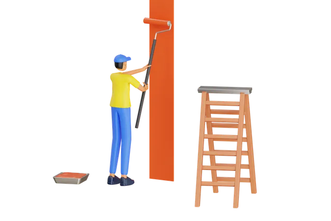 Male Painter Painting Wall 3 D Illustration Craftsman Painting White Wall With Roller Paint 3 D Illustration 3D Illustration